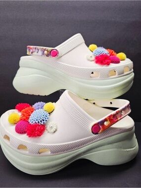 New No tag CROCS White Platform Clogs with Multicolor Pom & Flower Accents